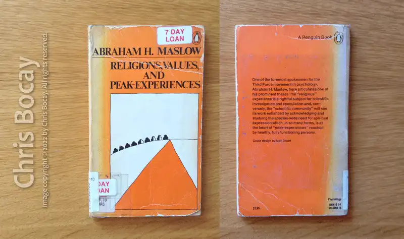 Photos of front cover and back cover of my copy of 'Religions, Values, and Peak-Experiences' by Abraham H. Maslow (Penguin Books, 1980).