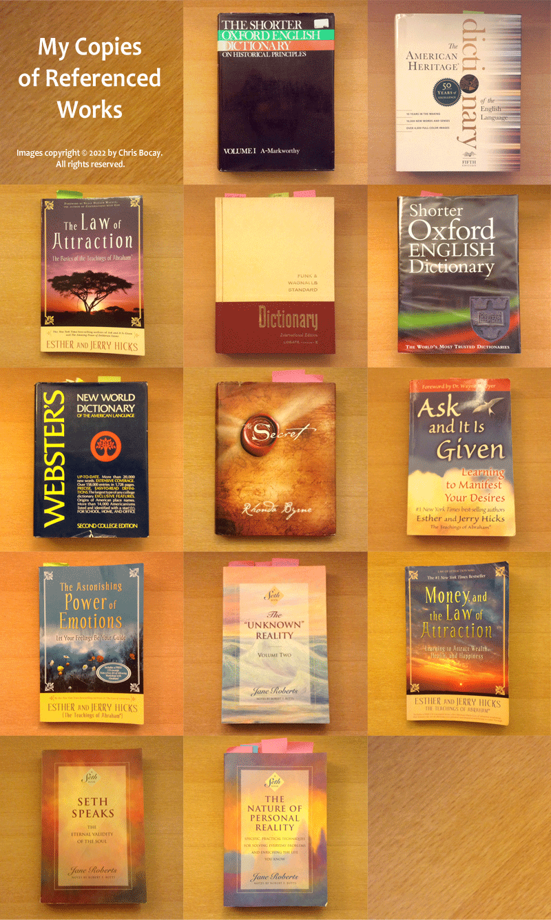 Photo collage of my personal copies of the references used for the article 'Guide to Law of Attraction, Part 1: The 4 Ways of Deliberate Manifestation'.